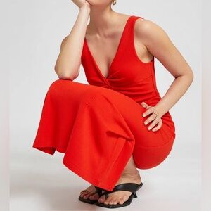 & Other Stories Orange Ribbed Twist Front Midi Dress